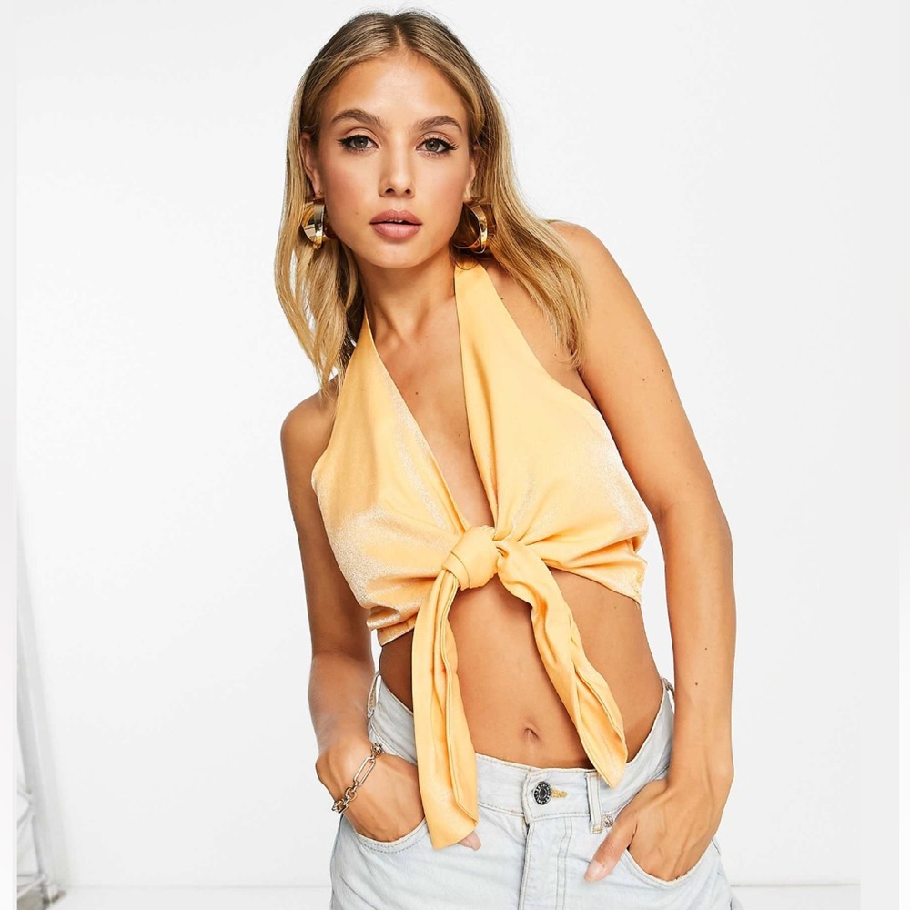 Orange Halter Tie Front Cropped Cami